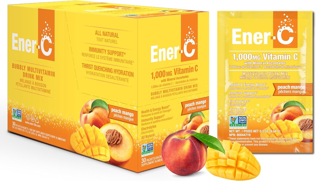 Ener- C Peach Mango Multivitamin Drink Mix w proszku Witamina C 1000mg & Elektrolity z Prawdziwym Sokiem Owocowym Naturalna energia & Wsparcie immunologiczne dla kobiet i mężczyzn - Non-GMO Vegan & Gluten Free - 30 Count