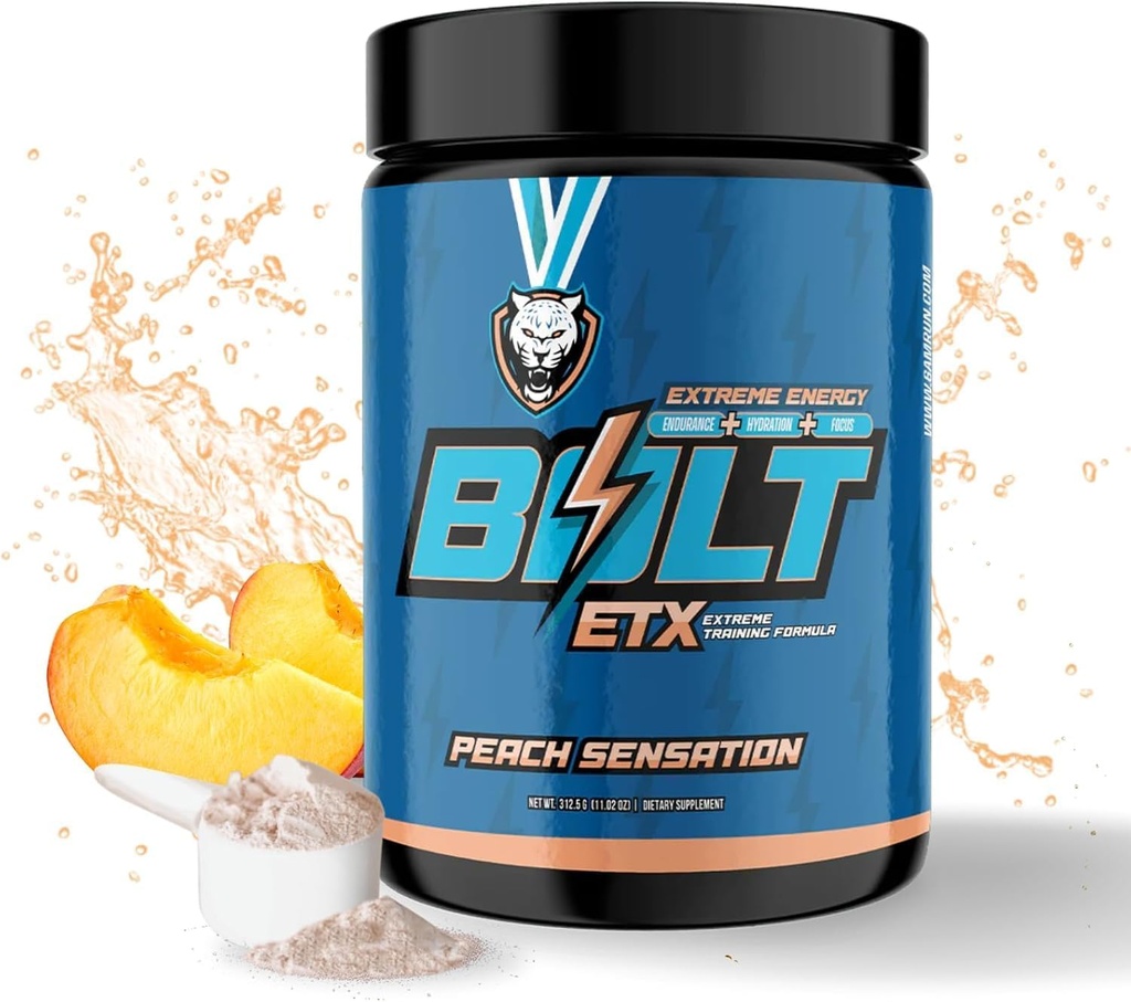 6AM Run Bolt - Proch pre Workout dla natychmiastowej energii Boost dla cardio i focus - No Jitters, Wysokiej energii formuła kondycjonująca - Wszystkie naturalne, Keto, Wegan (Peach Sensation)