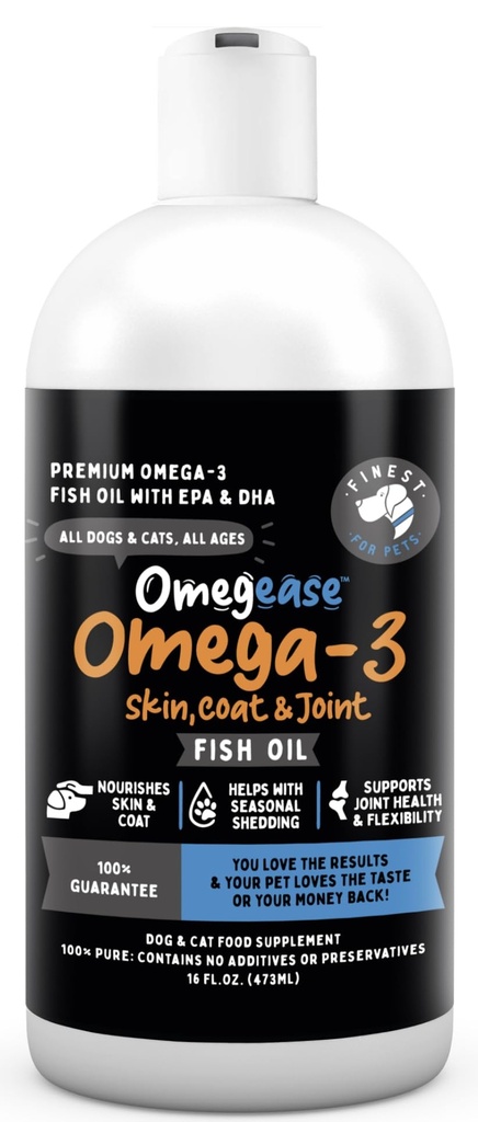 Omegease Fish Oil for Dogs & Cats - Najlepsza dla zwierząt domowych Omega 3 dla kotów i psów - Suplement do skóry i płaszcza, Swędzenie, Rozsiewanie, Łączniki i zdrowie immunologiczne - 100% Czysty Omega Fish Oil z EPA & DHA (16 oz)