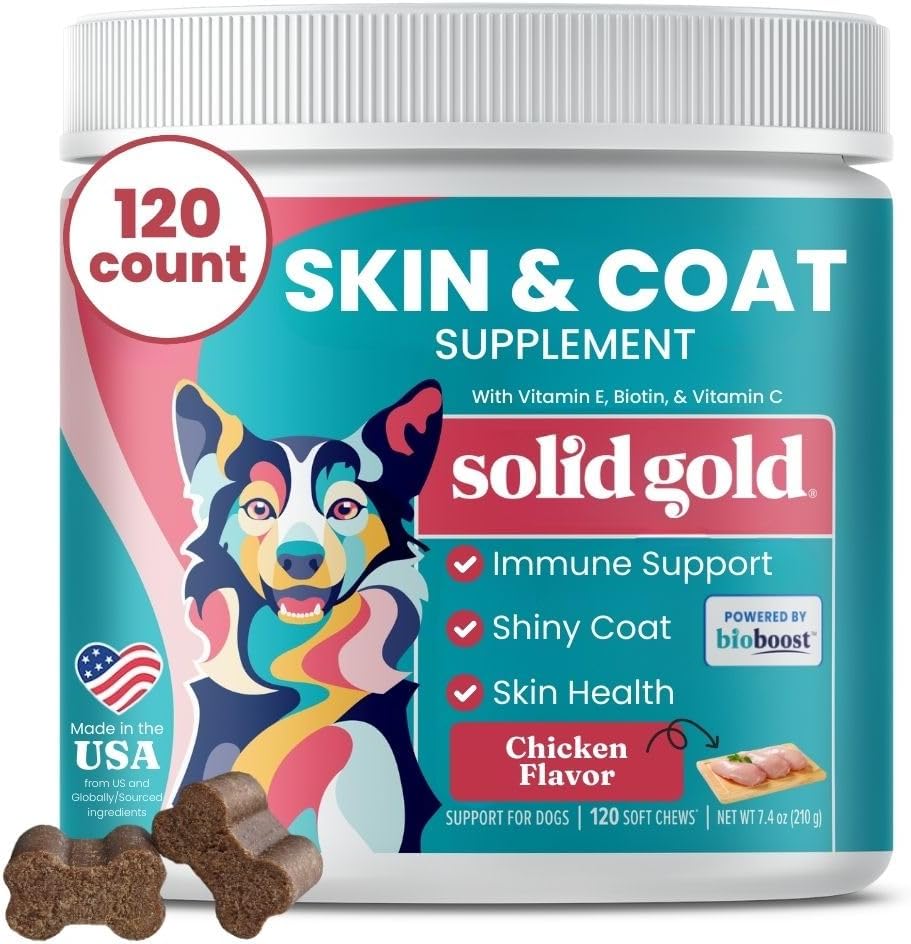 Solid Gold Omega 3 Fish Oil for Dogs Soft Chews - Chicken Flavored Omega 3 for Dog Skin & Coat Health - Witamina C, E & Biotin Chews for Dry Skin, Immune Support & Itch Relief for Dogs - All Ages 120ct