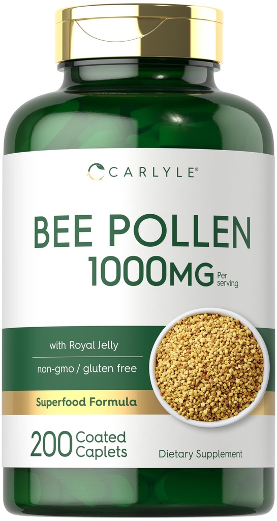 Carlyle Bee Pollen Supplement Amend124; 1000mg Amend124; 200 Caplets Amend124; z Royal Jelly i Bee Propolis Amend124; dla mężczyzn i kobiet Amend124; wegetarianin, Non-GMO, Gluten Free