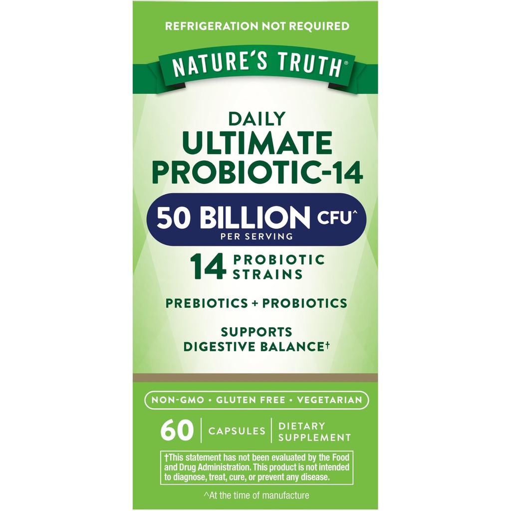 Probiotyk Prawdy Natury dla Kobiet i Mężczyzn 124; 50 Miliard CFU 124; 14 Struny Probiotyczne 124; 60 Kapsułki 124; Przyjazny stomach 124; 200mg Prebiotyki 124; Wegetariański, Non-GMO & Gluten