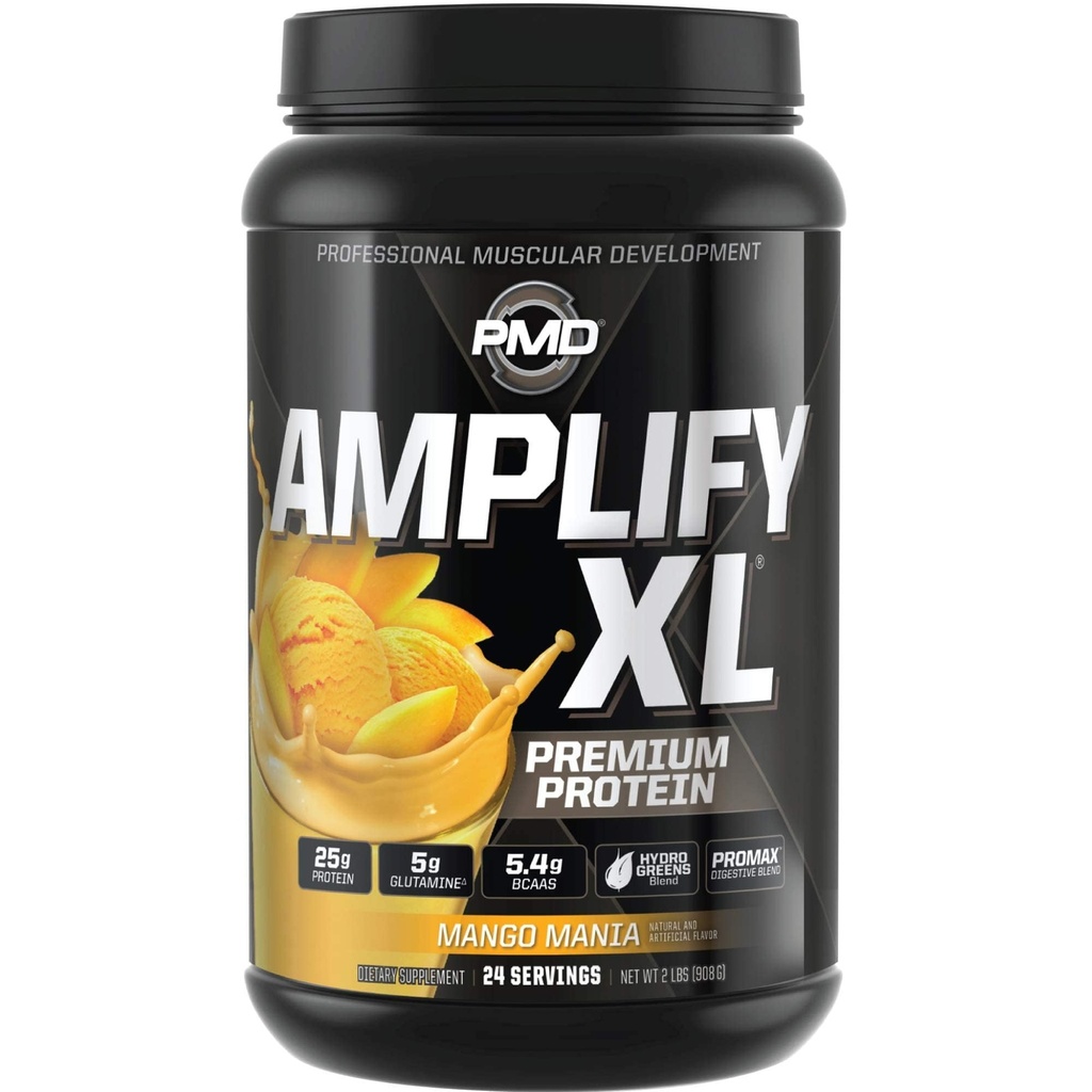 PMD Sports Amplify XL Premium Suplement białka serwatki Hydro Zielone Mieszanka - Glutamina i Matrix białka serwatki z Superfood dla mięśni, siły i odzysku - Mango Mania (24 Służenia)