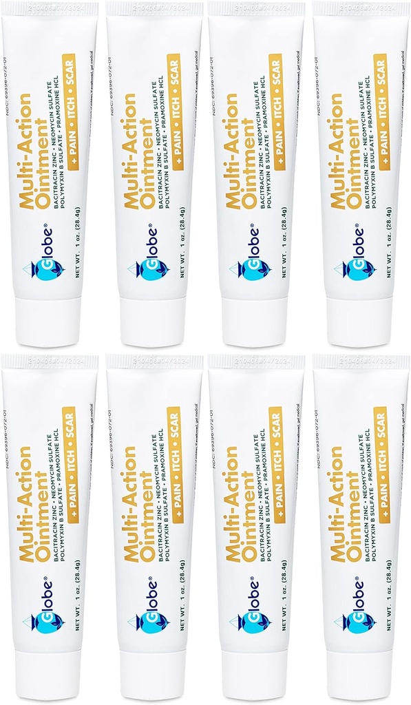 Globe Multi- Action Ointment Ointment Orange 124; Antibiotic Paint- Relieving, Anti- Itch, & Scar Minimizer Orange 124; First Aid Ointment with Neomycin, Bacitracin, Pramoxine HCl & Polymyxin B Orange 124; Treats Minor Cuts, Scrapes & Burns (8)