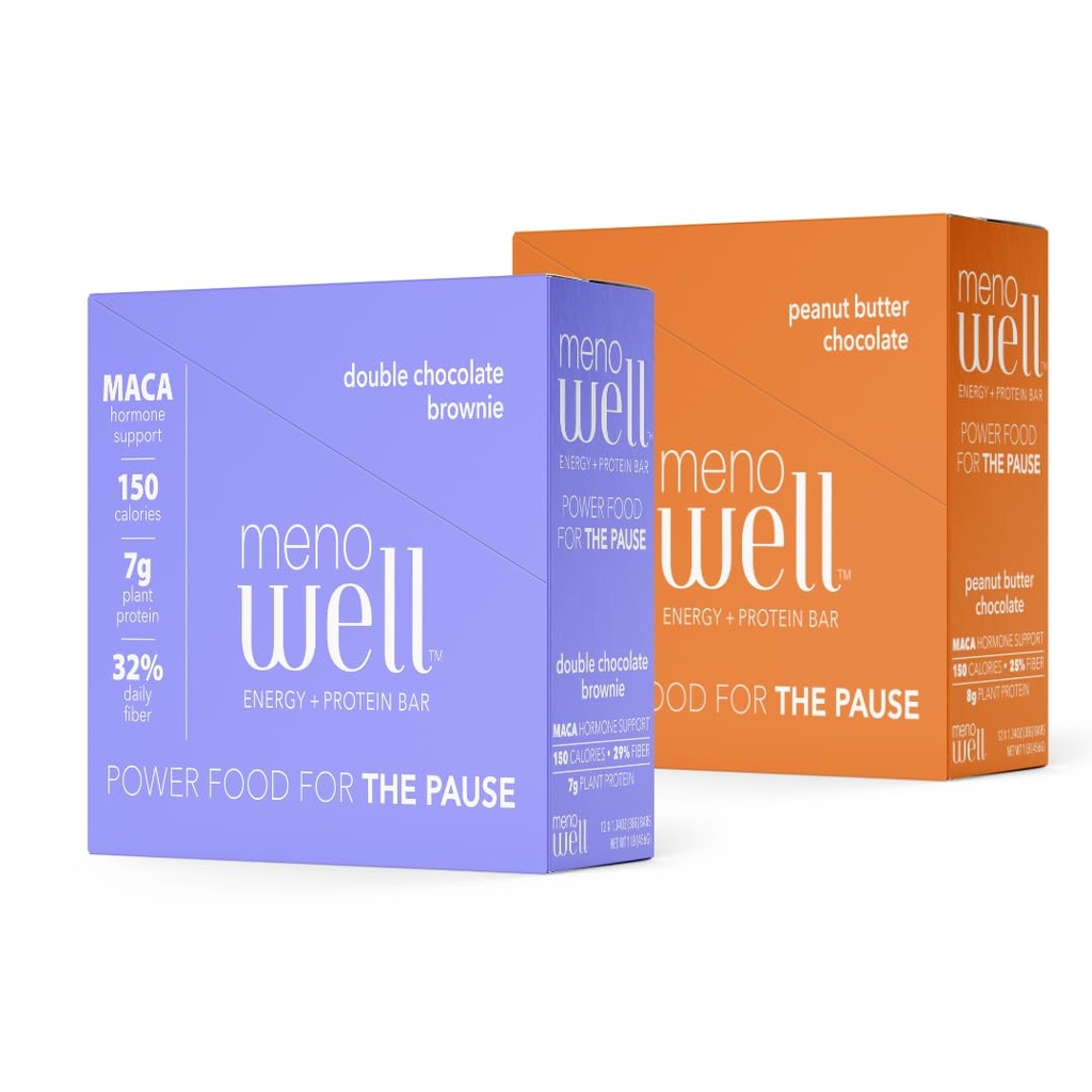 MenoWell Menopauza Energy and Protein Bars for Women (Formalnie Bossa Bar), Double Chocolate Brownie (10 Count) i Peanut Butter Chocolate (10 Count), High Fiber and Protein, 20 Count (1 Box of Each)