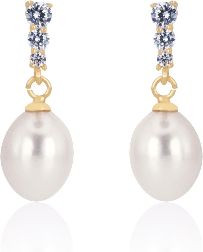 18K Gold Plated Sterling Srebrny Dangle White Drop Handchored Jakość Freshwater Kultured Pearl Kolczyki ślubne z cubic Zirconia Kryształy Pearl Kolczyki ślubne Biżuteria dla narzeczonych