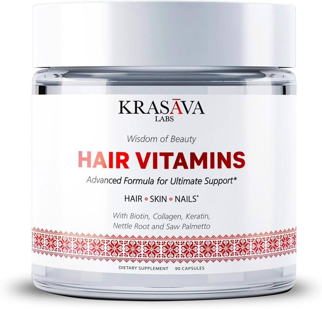 Witaminy wzrostu włosów z Biotin, Collagen, Keratin, Nettle Root i Saw Palmetto wspomaga zdrowe włosy, Stymuluje Follicles włosów, i zapobiega wypadanie włosów i cieńsze. Wyprodukowane w USA - 90