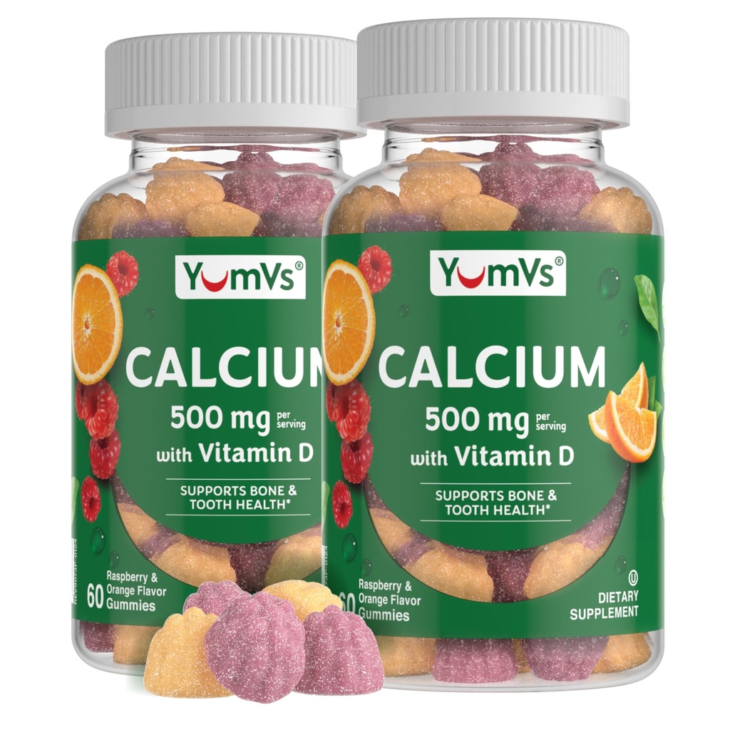 JumV Wapń 500mg z witaminą D3 - Malina i Pomarańczowy Flavor Wapnia Witamina D Gummie, Żute suplement wapnia dla dzieci i dorosłych, Witamina D Wapnia Gummie (60 Licznik (Opakowanie 2))