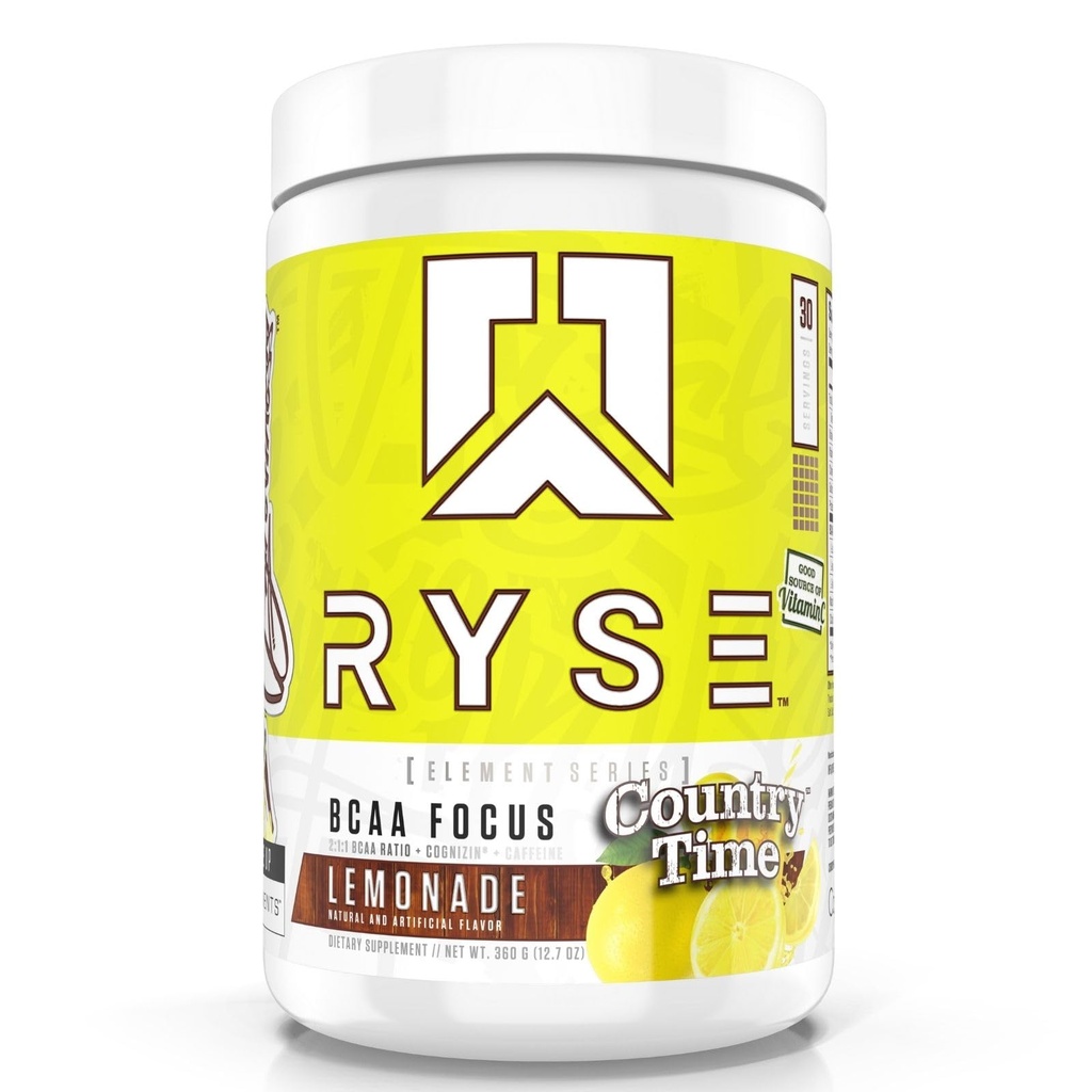 RYSE BCAA Focus Powder - Lemoniada Country Time - Suplement BCAA z elektrolitami, naturalną kofeiną i Cognizin Wspiera nawadnianie, odzyskiwanie energii i koncentrację dla mężczyzn i kobiet - 30 Sług
