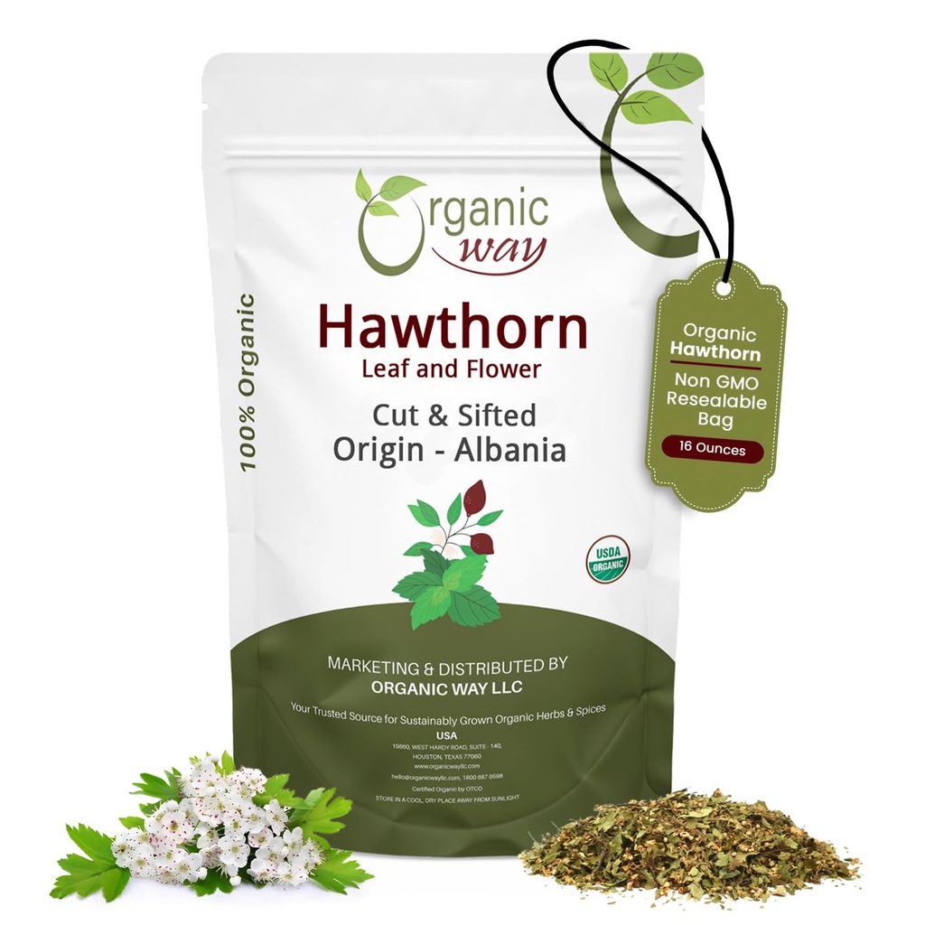 Organic Way Hawthorn Leaf and Flower Cut & Sifted (Crataegus monogyna) - Herbal Herbal Between 124; European Wild- Harvest Between 124; USDA & Kosher Certified Between 124; Non GMO & Gluten Free Between 124; Pochodzenie - Albania (16 Oz)