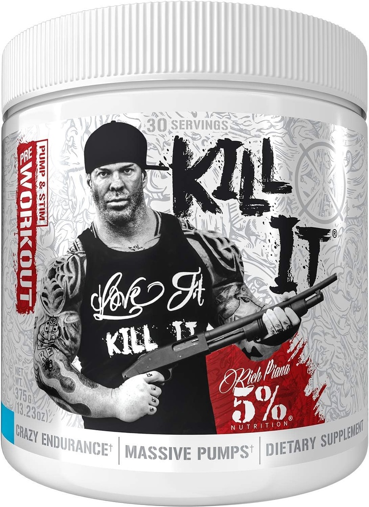 Rich Piana 5% Żywienie zabić go przed treningiem w / Kreatyna, Jitter- wolne kofeiny, NO- Booster, Beta Alanina, L- Citruline for Focus, Pompa, Endurance, Odzysk 13.23 Oz, 30 Srvgs (Blueberry Lemonade)
