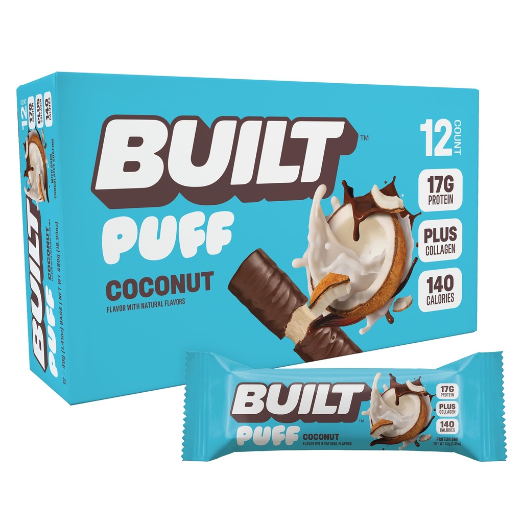 Built Bar, Puff Protein Bars, Puff Kokosowy, 17g Przekąski białkowe, On- The- Bary, Tylko 140 Kalorii, 6 g Cukier, Kolagen, Gluten Free, 12 Hrabia