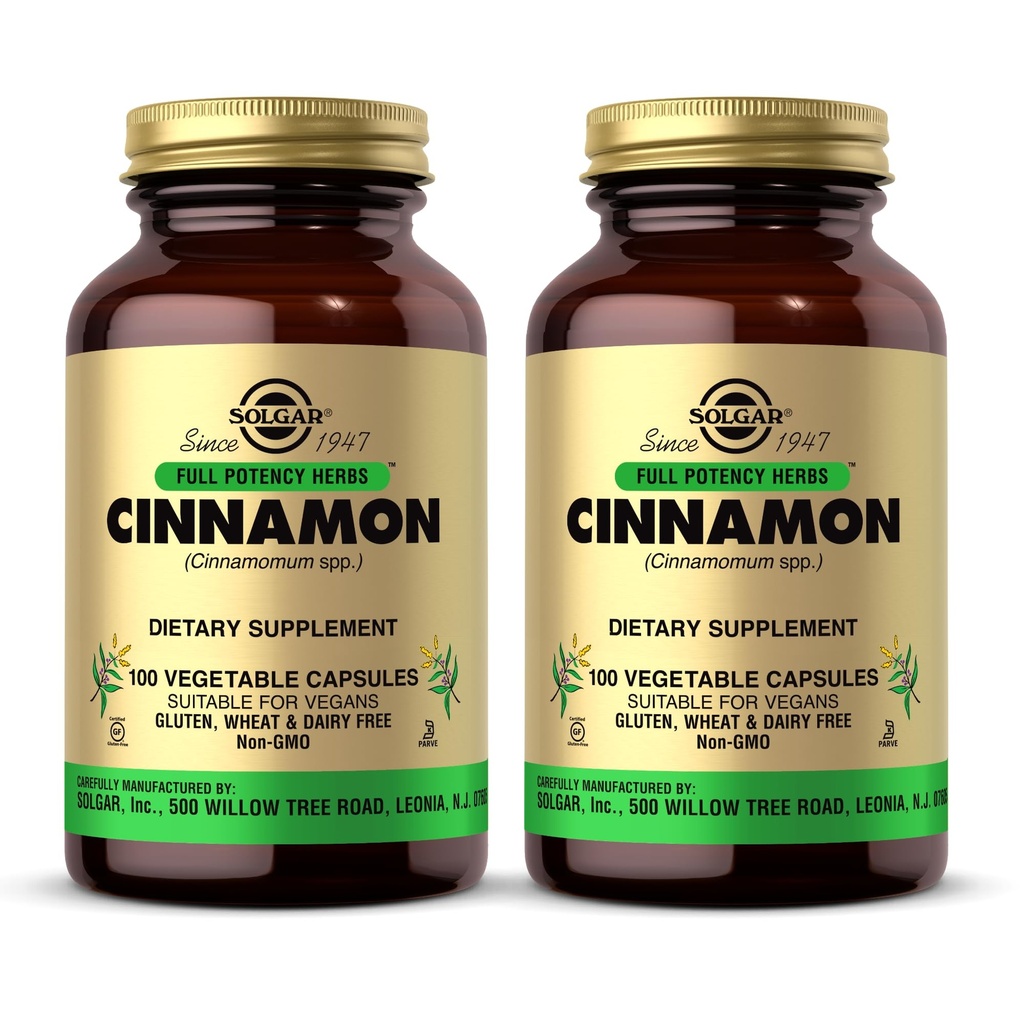 Solgar Cynamon - 100 Kapsułki warzywne, Opakowanie 2 - Full Potency (FP) - Non-GMO, Wegan, Gluten Free, Wolny od mleka, Kosher - 200 Wszystkich Sług