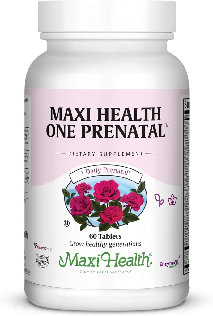 Maxi Health Witaminy prenatalne dla kobiet - jeden dzienny Prenatal z Methylled Folate, Delikatne Żelazko i Wsparcie DHA - Doctor Formated, Kosher Multivitamin dla ciąży - 60 Kapsułki (60 Day Supply)