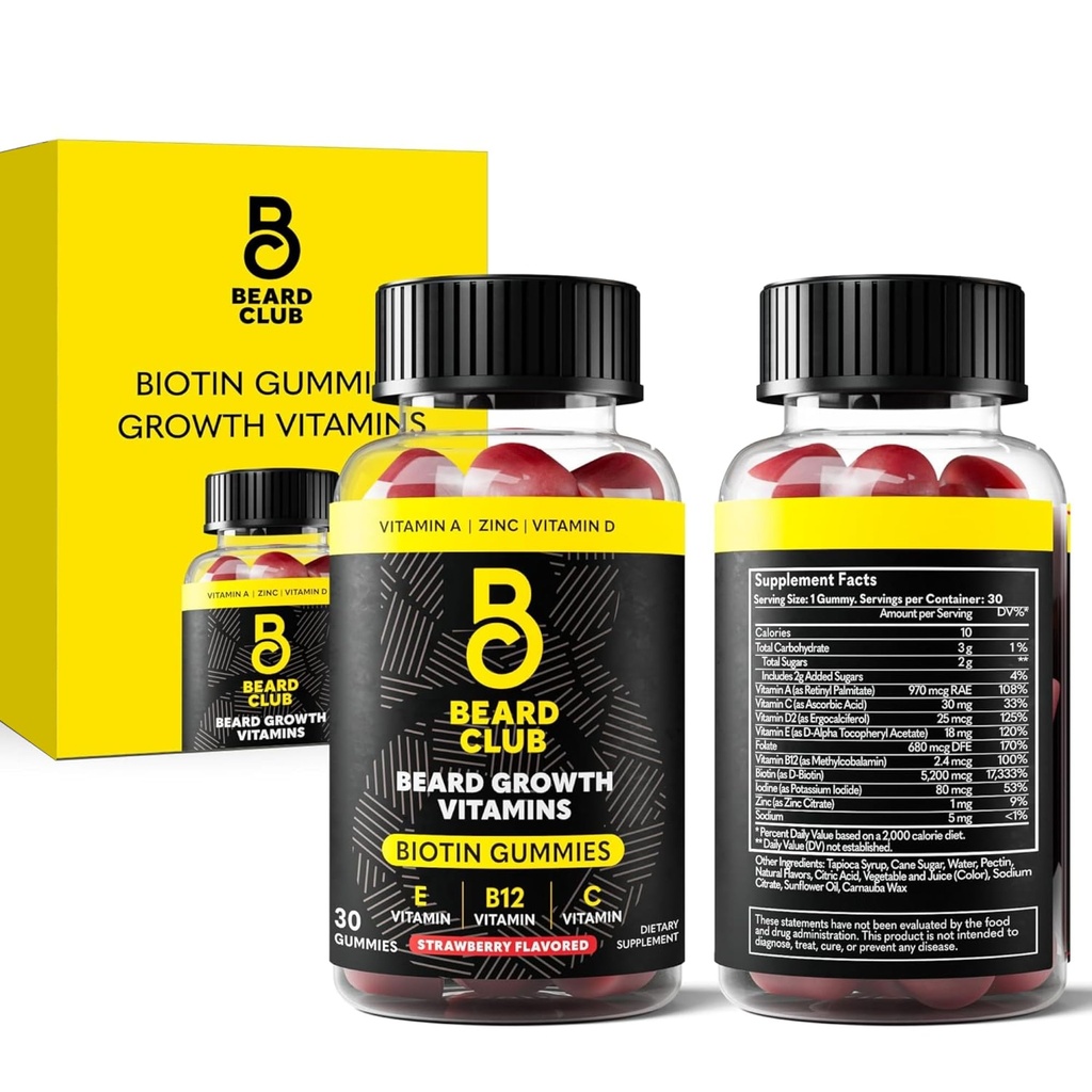 Beard Club Biotin Beard Gummies wzrost witamin - Suplement do włosów dla mężczyzn - Witaminy B12, E, & C do wsparcia grubsze pełniejsze wyglądające włosy twarzy - Truskawka Gummy