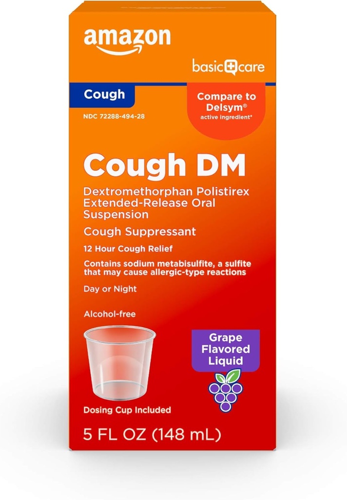 Pielęgnacja podstawowa 12-godzinny syrop DM, Extended- Release Dextromethorfan, Winogronowy Flavor Liquid Medicine, 5 fl oz (Opakowanie po 1)