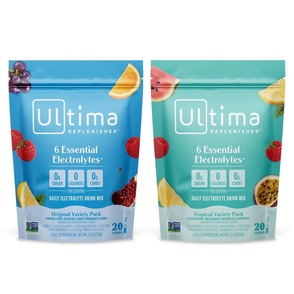 Ultima Replenisher Daily Electrolyte Powder Drink Mix - Sugar Free - Tropical Variety and 5- Flavor Variety, 20 Stickpacks - Pakiety nawadniające z 6 Electrolytes and Minerals - Keto, Non-GMO