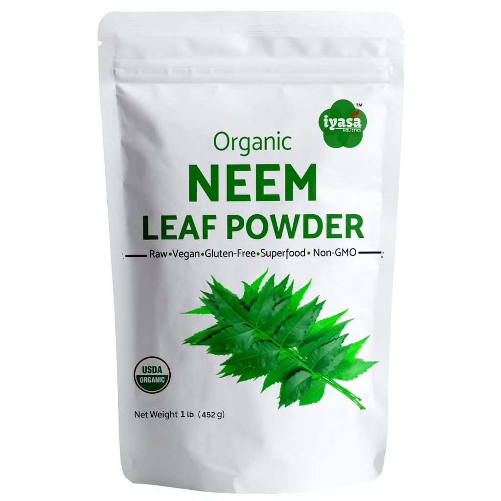 Iyasa Holistics Organic Neem Proszek Ayurveda zioła i superżywności, Wspiera oczyszczanie krwi i wątroby, Promuje zdrowe włosy i czystej skóry, Resealable Bag 16 oz / 453g