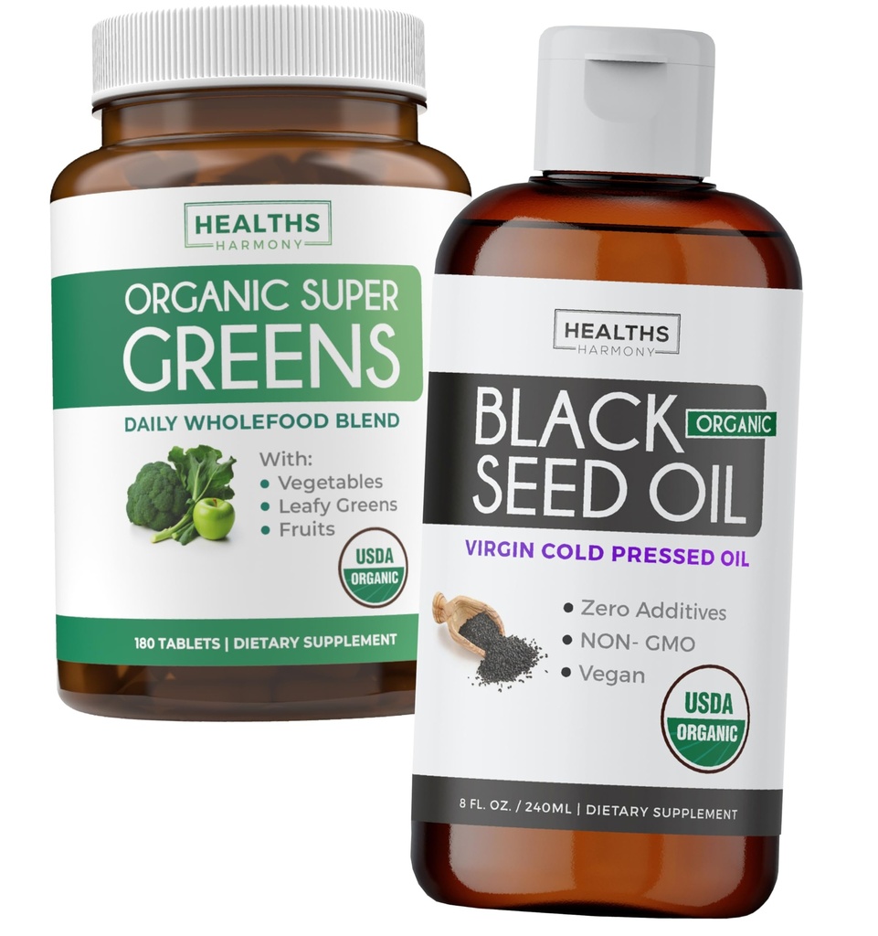 Super Zielony i czarny olej nasienny (3- Miesięczne dostawy) Ziołowy mieszanka oleju organicznego Super Zielony proszek - Kompletna Superfood (180 Kapsułki) & Organic Black Seed Oil Liquid - Cold Pressed (8 fl oz)
