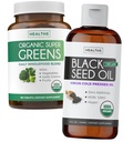 Super Zielony i czarny olej nasienny (3- Miesięczne dostawy) Ziołowy mieszanka oleju organicznego Super Zielony proszek - Kompletna Superfood (180 Kapsułki) & Organic Black Seed Oil Liquid - Cold Pressed (8 fl oz)