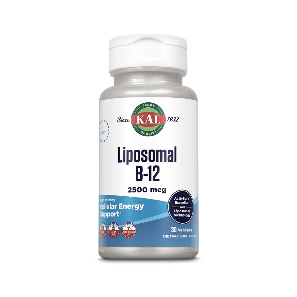 KAL Witamina liposomalna B12 2500 mcg, Wysoka Absorpcja, Technologia liposomalna, Wsparcie energii komórkowej, Kapsułki wegańskie, Gluten Free, Made Without Soy, 30 Służenia