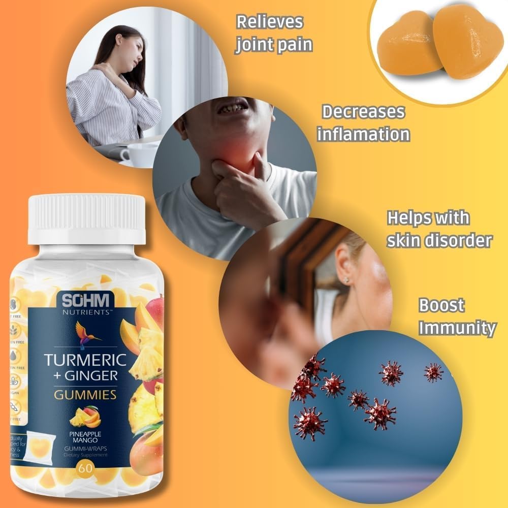 SOHM Turmeric Gummies imbirowy z imbirem, 60 Indywidualnie zapakowane, Pomaga Zaburzenia skóry, Wspomaga wspólne zdrowie - Gumy ananasowe Flavor dla dorosłych Mężczyźni i kobiety