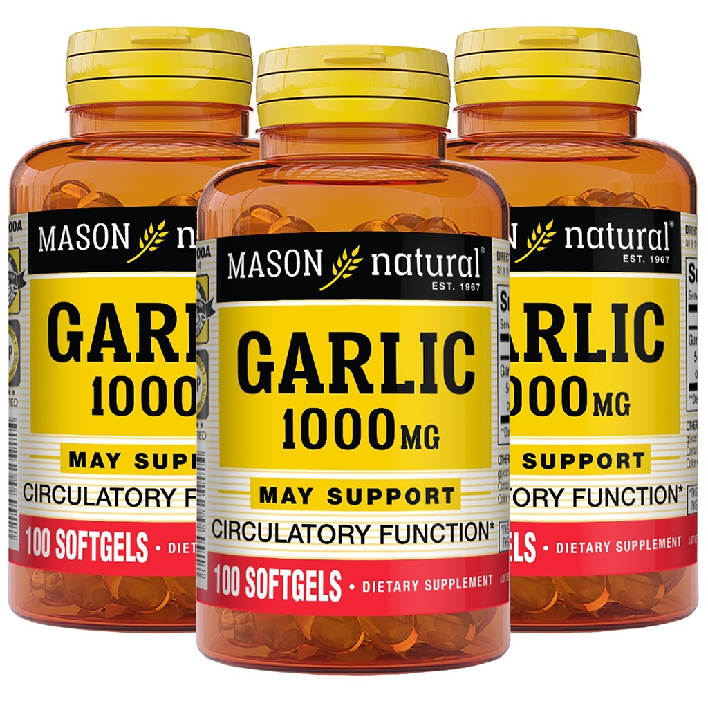 MASON naturalny olejek czosnkowy 1000 mg, 300, Softgels Day Supply, obsługuje normalne funkcje cyrkulacyjne, 3 Pack
