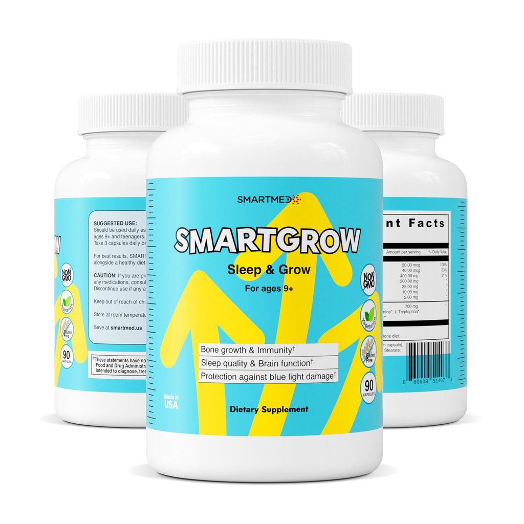 SMARTGROW 5- in-1 Promowanie silnych kości oko & zdrowie Wapń, Witamina D3, Amino Kwasy - Pomoc snu, Wsparcie immunologiczne, Mózg i Eye Health - 90 Kapsułki