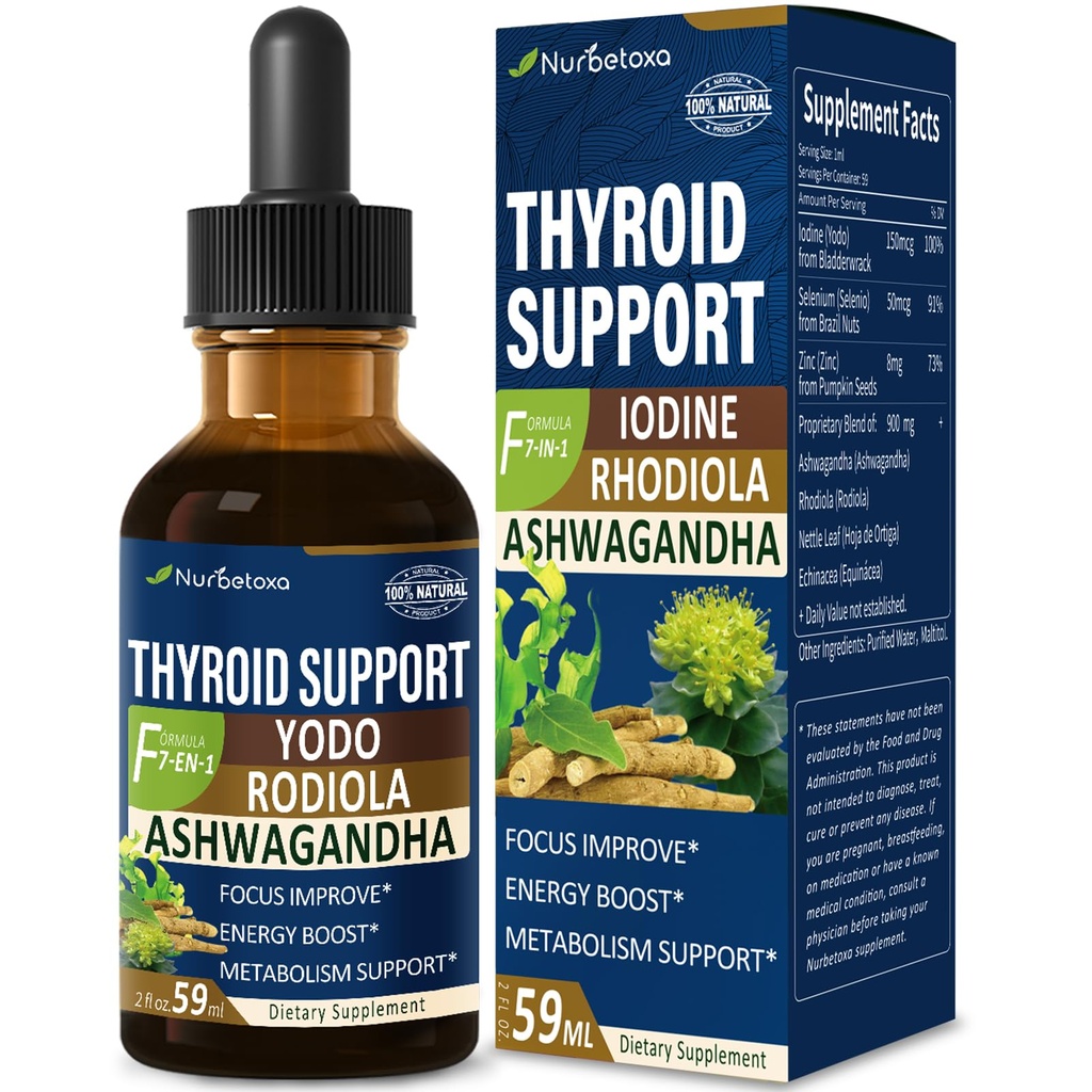 Thyroid Support Drops - Płynny suplement jodu, Gotas de Yodo y Selenio para Tiroides, Con Rodiola Semenovii y Ortiga, Fight Brain Fog w / Ashwagandha & Rhodiola Extract Tincture.2 oz