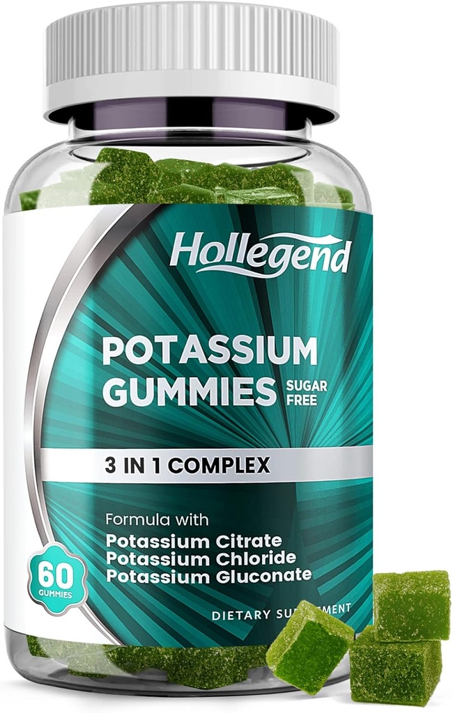 Potas 3 in 1 Kompleks Gumies Sugar Free, Nowa formuła z 99mg Cytratu potasu, Chlorek potasu, Glukonian potasu, Kurcze nóg i suplementy mięśni, 60 Chewables