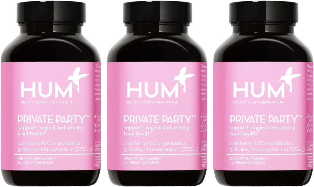 HUM Prywatne Party Probiotyki Waginalne dla Kobiet, pH Równowaga i Urynary Tract Support Vaginal Probiotic Suplement z Żurawiny i Lactobacillus Mieszanka, Kobiecy Zdrowie Żurawinowe Pigułki, 90 Kapsułki