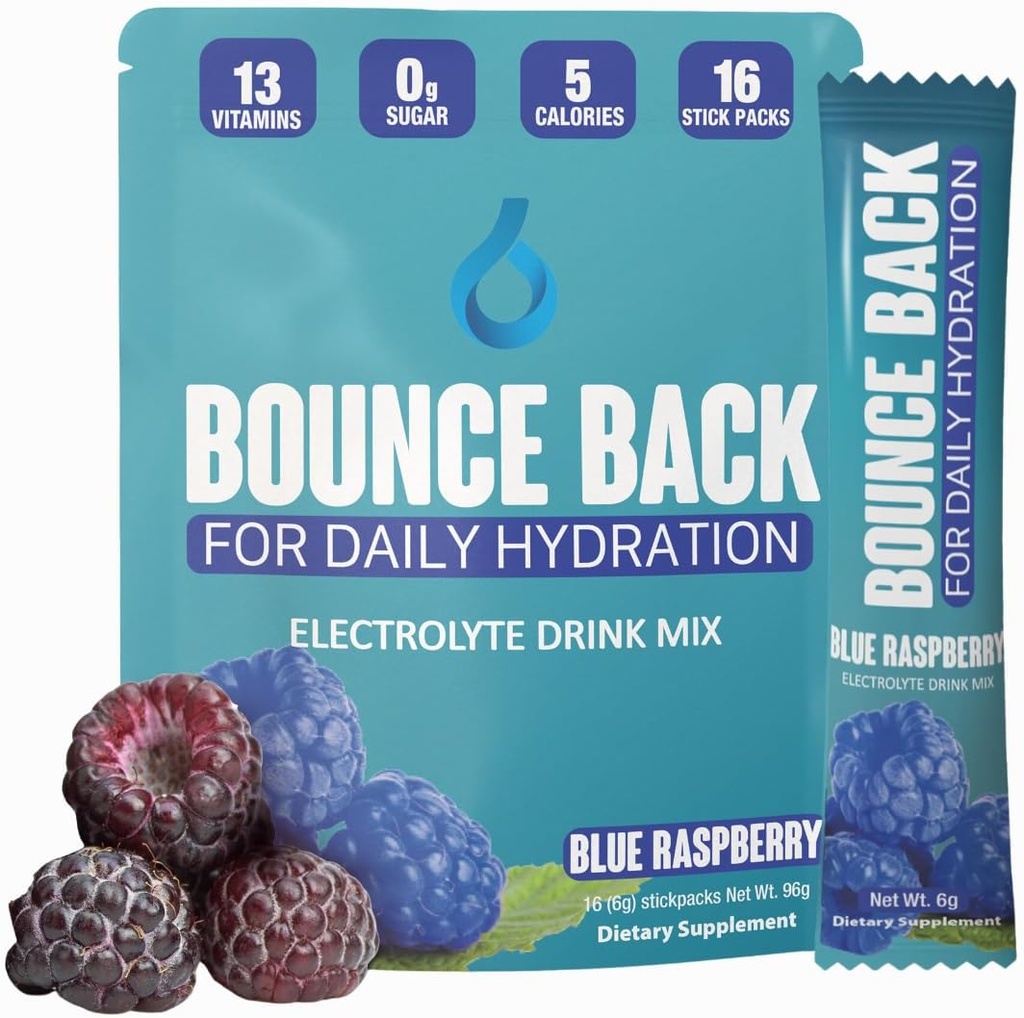 Bounce Back Daily Hydration - 13 Esential Vitamin, Zero Sugar Electrolyte Pakiety - 5 Kalorii, Organic - Keto i przerywane Przyjazne 124; 0 Węglowodory netto (16 Pack, Blue Malina)