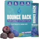 Bounce Back Daily Hydration - 13 Esential Vitamin, Zero Sugar Electrolyte Pakiety - 5 Kalorii, Organic - Keto i przerywane Przyjazne 124; 0 Węglowodory netto (16 Pack, Blue Malina)