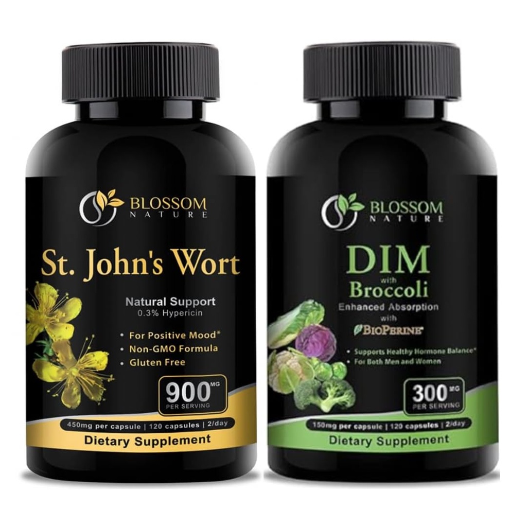 St Johns Wort 900mg- Mood Supplement- Calm Supplements. Suplement DIM 300 mg z brokułami 200mg BioPerine 10mg- Hormon i Estrogen Balance dla kobiet & Men.120 Kapsułki roślinne (2 MONTHS DOSTAWY)