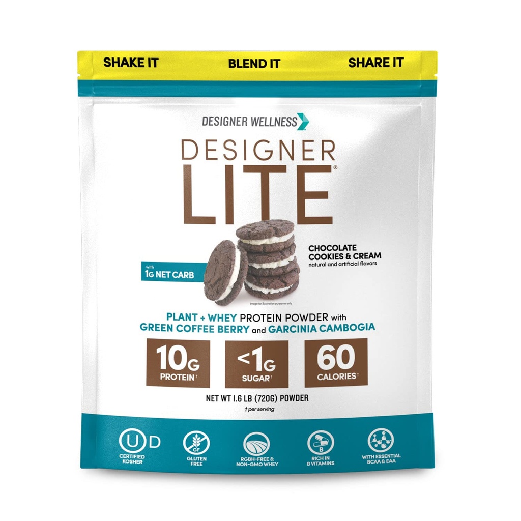 Designer Wellness, Designer Lite, Niskie Calorie Natural Protein, Fiber prebiotyczny, Kluczowe witaminy i minerały, Cookies czekoladowe i śmietanka, 25.6 Ounces