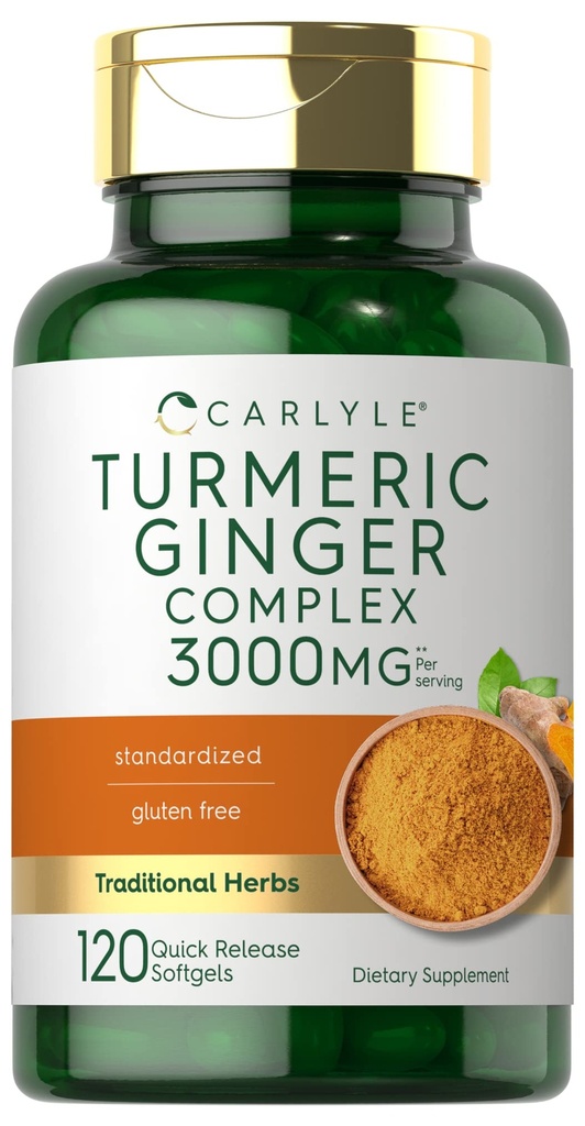 Carlyle Turmeric and Ginger Supplement 3000 mg Supplement 124; 120 Softgel Capsules British 124; Turmeric Curcumin Complex British 124; with Black Pepper Extract British 124; Non- GMO, Gluten Free