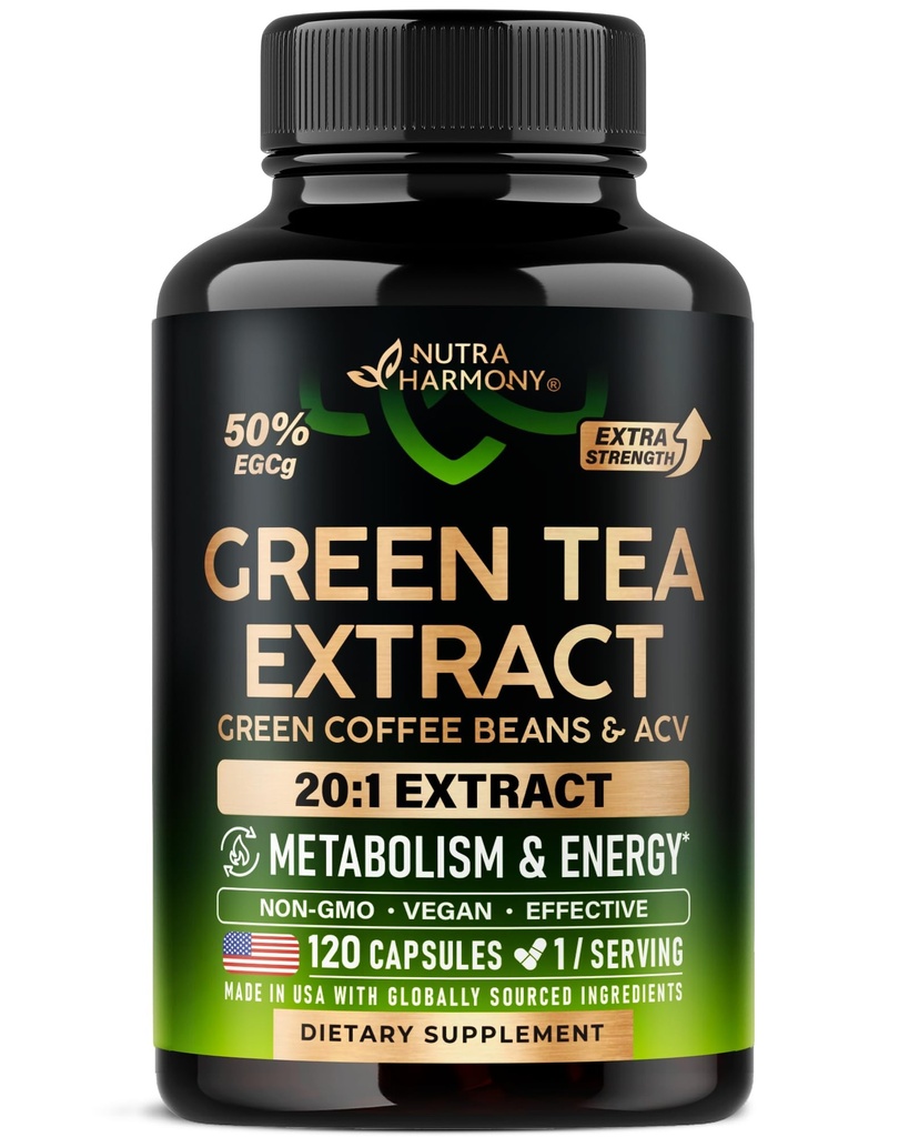Ekstrakt zielonej herbaty Kapsułki z zielonej kawy Fasola & Jabłko Cydr Ocet - Energia i wsparcie metabolizmu - Suplement zielonej herbaty 50% EGCG - 20: 1 Naturalny ekstrakt - dla mężczyzn i kobiet - 120 Kapsułki wegetariańskie
