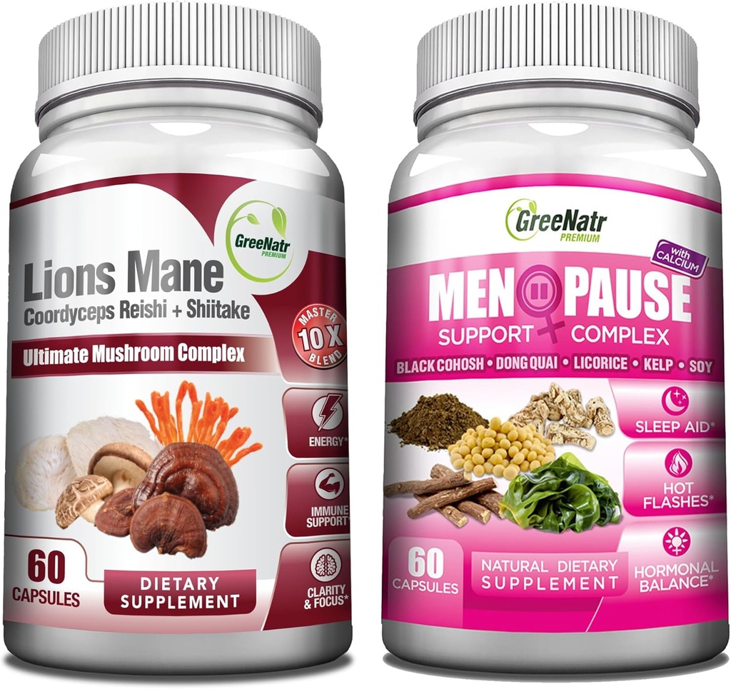 GreeNatr Energy Boost Plus Menopauza wsparcia Bundle: Nasz suplement Mushroom zapewnia naturalną energię Boost, Promowanie trwałej witalności + Ziołowy zespół menopauzy dla gorących błysków, nocne poty