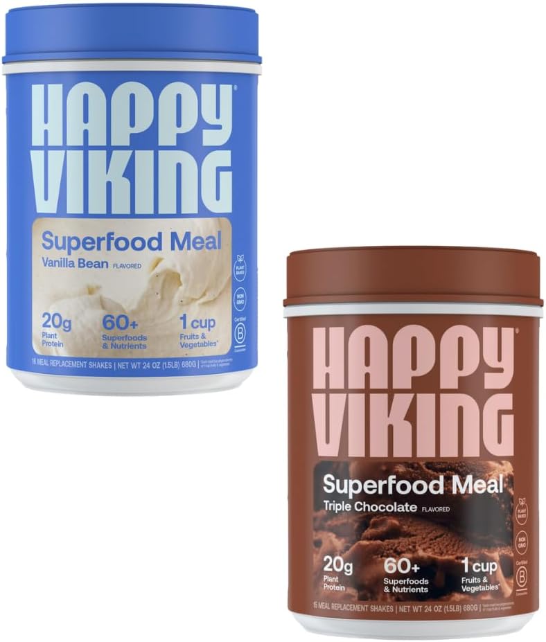 Szczęśliwy Viking Vanilla i Czekoladowy Protein Powder, przez Venus Williams, 20G Białko, Niski Carb, Keto, Wegan, Gluten- Free, Superfoods, Kompletny posiłek zastępowania, 2 kanistry (24 oz. Każda)