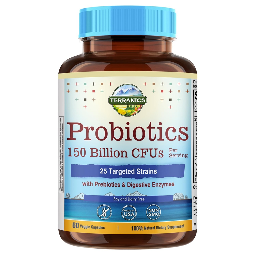 Probiotyki Terranics Daily dla mężczyzn i kobiet, 150 Miliard 25 Probiotyki Colon Colon Care, z Prebiotyki i Enzymy, Zdrowa Regularność, Opóźnione Release, Szafka Stabilna, 60 Kapsle Veggie