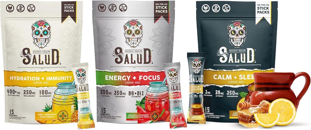 Odmiana Salud 3- Pack: 124; 2- in-1 Hydration + Immunitet (Ananas), Energia + Focus (Arbuz truskawkowy) & Spokój + Sen (Miód cytrynowy) - 15 Sług Każdy, Non-GMO, Gluten Free, Niskie Calorie, 1g cukru
