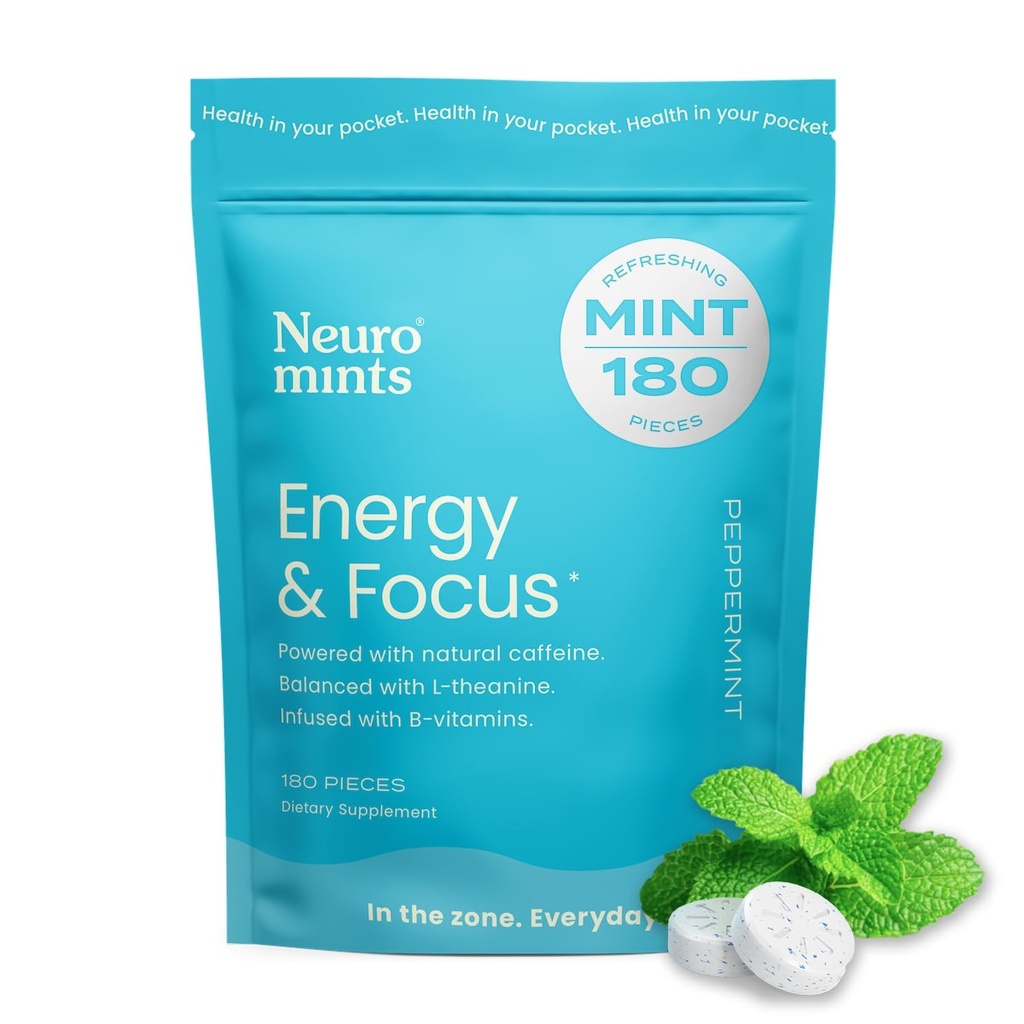 Minty kofeinowe energii NeuroGum (180 kawałków) - Cukier wolny od L- teaniny + naturalnej kofeiny + witaminy B12 & B6 - Energia nootropowa i suplement ogniskowy dla kobiet i mężczyzn - Keto & Vegan, Peppermint Flavor