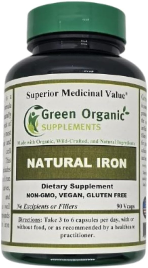 (Opakowanie z 1) Green Organic Supplements 'Iron, 2000mg Organic Iron Capsules, 90, Hand Made, Vegan, Non-GMO, & Gluten Free Natural Iron Capsules