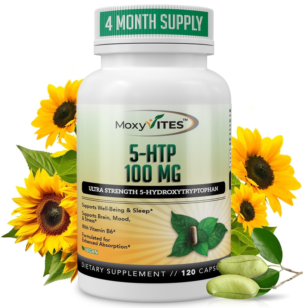 MoxyVites 5HTP 100mg Suplement, Plus B6, 5 HTP Organic Whole Food - Najlepszy booster serotoniny - Non-GMO, 120 Kapsułki wegańskie