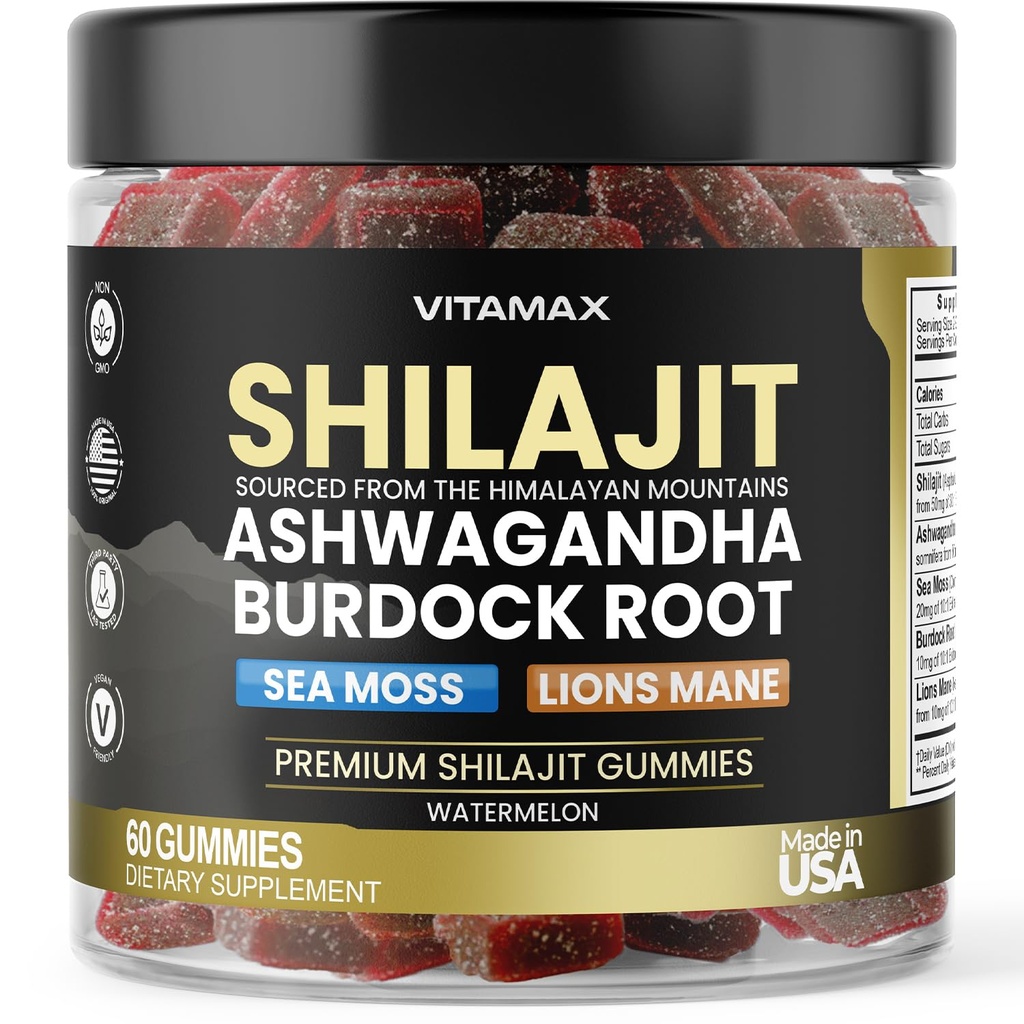 Organic Shilajit Gummies, Sea Moss, Ashwagandha, 105 + Ślad minerałów - Organic Burdock Root & Lions Mane Mushroom - Arbuz Flavor - Vegan & Non-GMO - Made in USA - 60ct