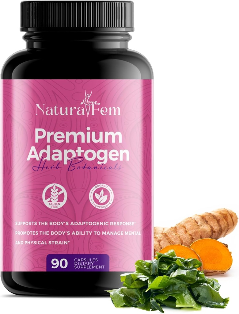 NaturalFem Premium Adaptatogeny Suplementy dla kobiet z roślinożernymi botanicznymi jak Rhodiola Rosea Extract, Turmeric, Maca Root dla lepszej adaptogennej odpowiedzi, Focus & Mood Supplement Supplement - 90 Kapsułki