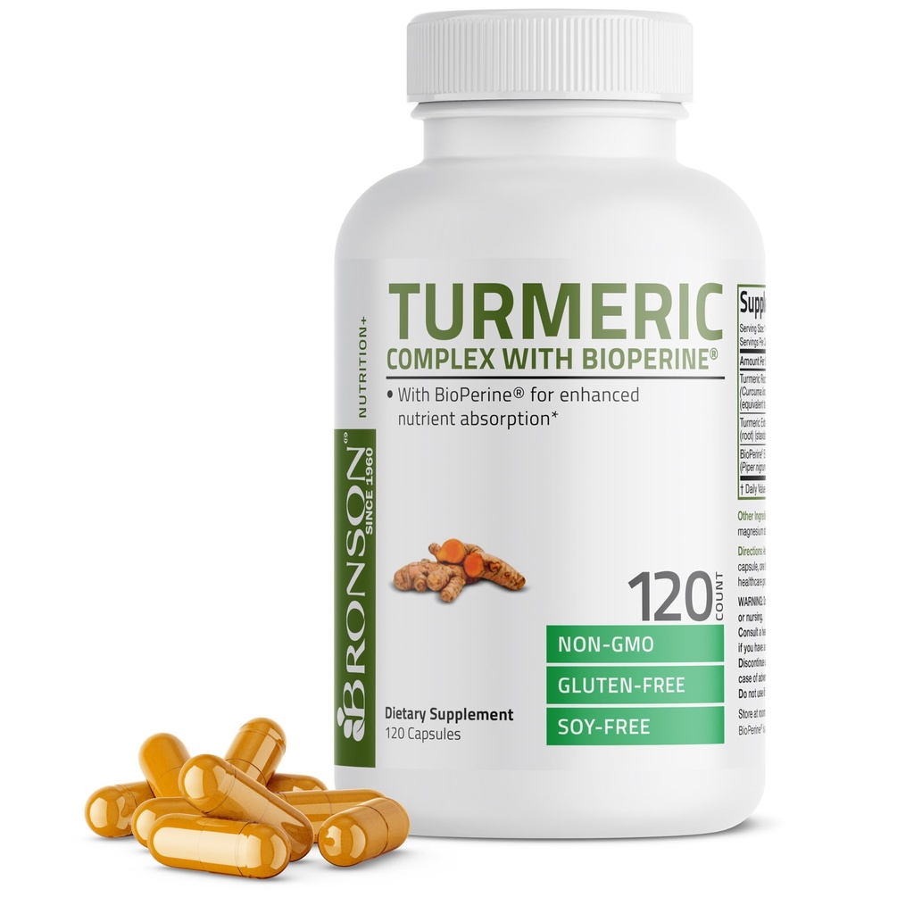 Bronson Kurkumina Turmerowa z BioPerine - Wspólne wsparcie High Potency Premium z 95% Znormalizowane Kurkuminoidy - Kapsułki Non-GMO z Black Pepper - 120 Count