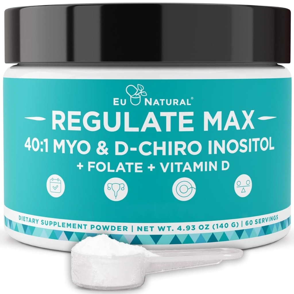 Regulacja MAX Myo- Inositol i D- Chiro suplement inositol Proszek dla kobiet z witaminą D & Folate PCOS Wsparcie odżywcze, Hormon Równowaga i wsparcie płodności, Unflavored 60 Służenie