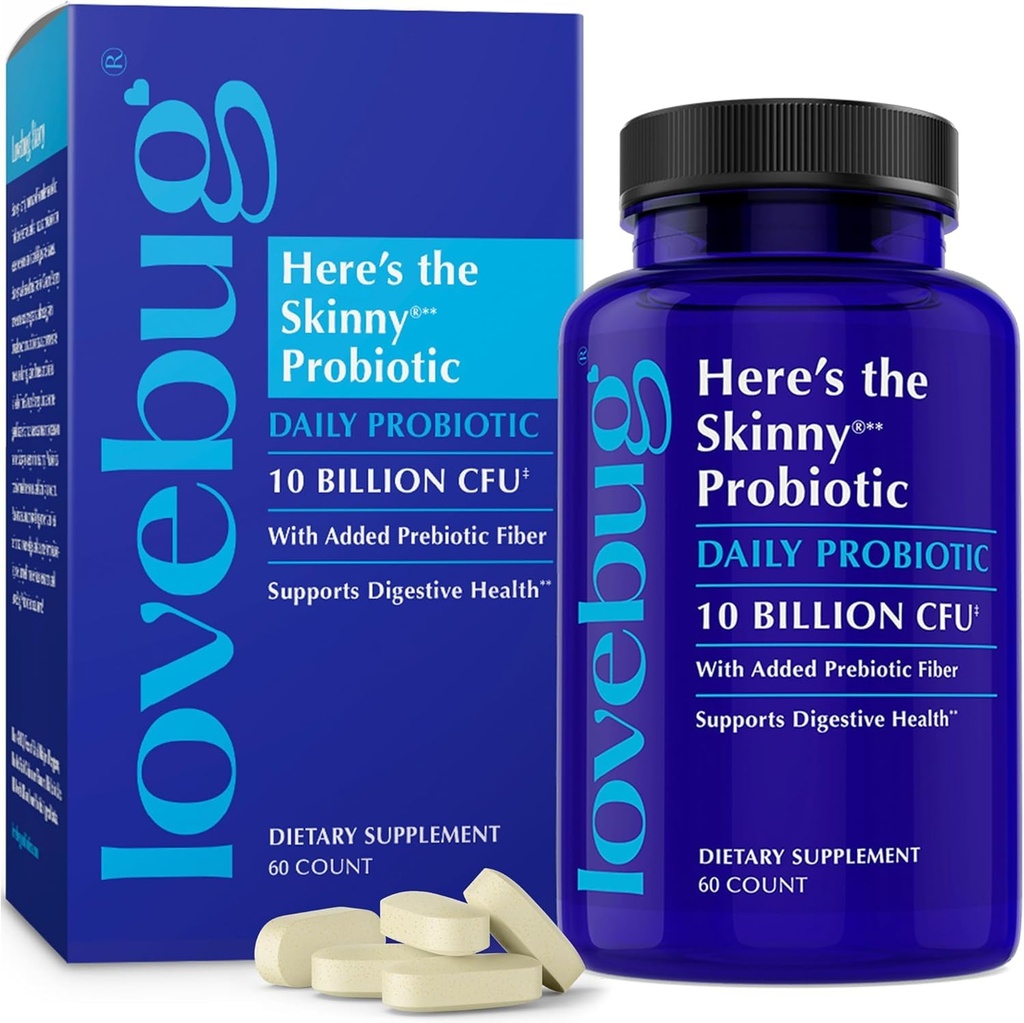 LOVEBUG Skinny Prebiotyki i Probiotyki dla Kobiet Digestive Health & Immune Support - 10 Miliard CFU Probiotic Strains Gut Health, Gaz, Zaparcia i Bloating, 60ct