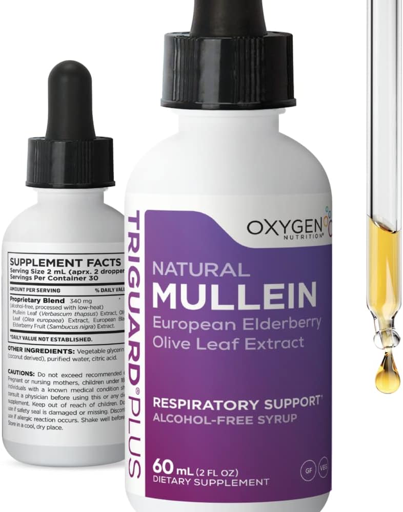 TriGuard MULLEIN Plus - Ekstrakt Mullein Leaf, Ekstrakt Elderberry & Olive Leaf Extract 2 fl oz 124; Wspiera zdrowe funkcje oddechowe i system immunologiczny 124; Wolny od alkoholu, Non-GMO, Smakuje świetnie, Made in USA